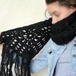 Long Black Crochet Scarf - Boho Scarf - Wool..