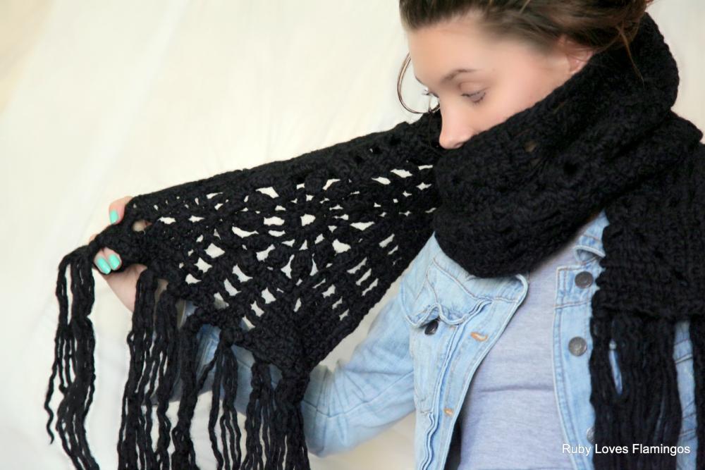 Long Black Crochet Scarf - Boho Scarf - Wool Crochet Scarf - Tasselled Scarf - Rock Chick